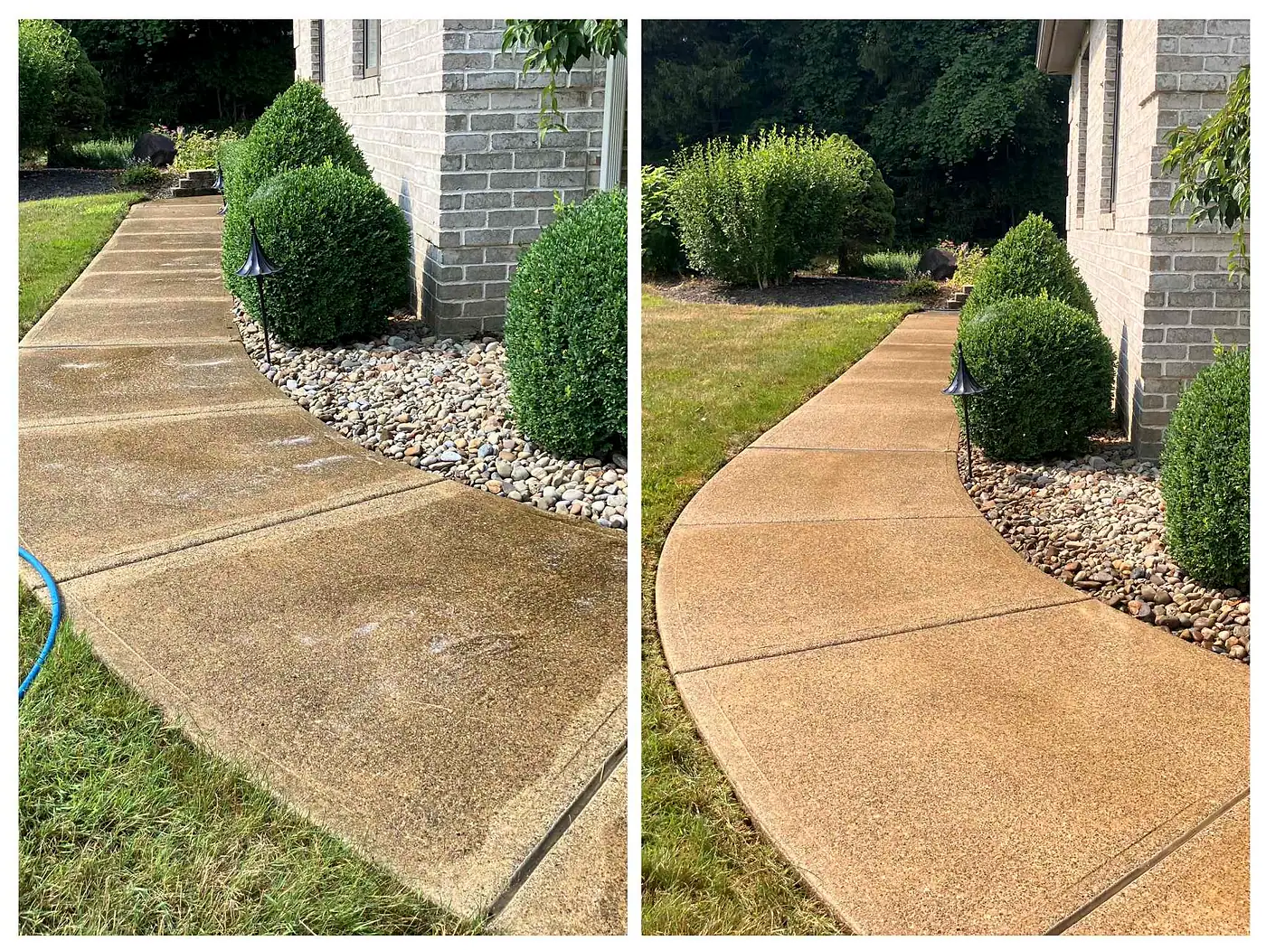 Before and after of a concrete walkway: stained on the left, clean on the right