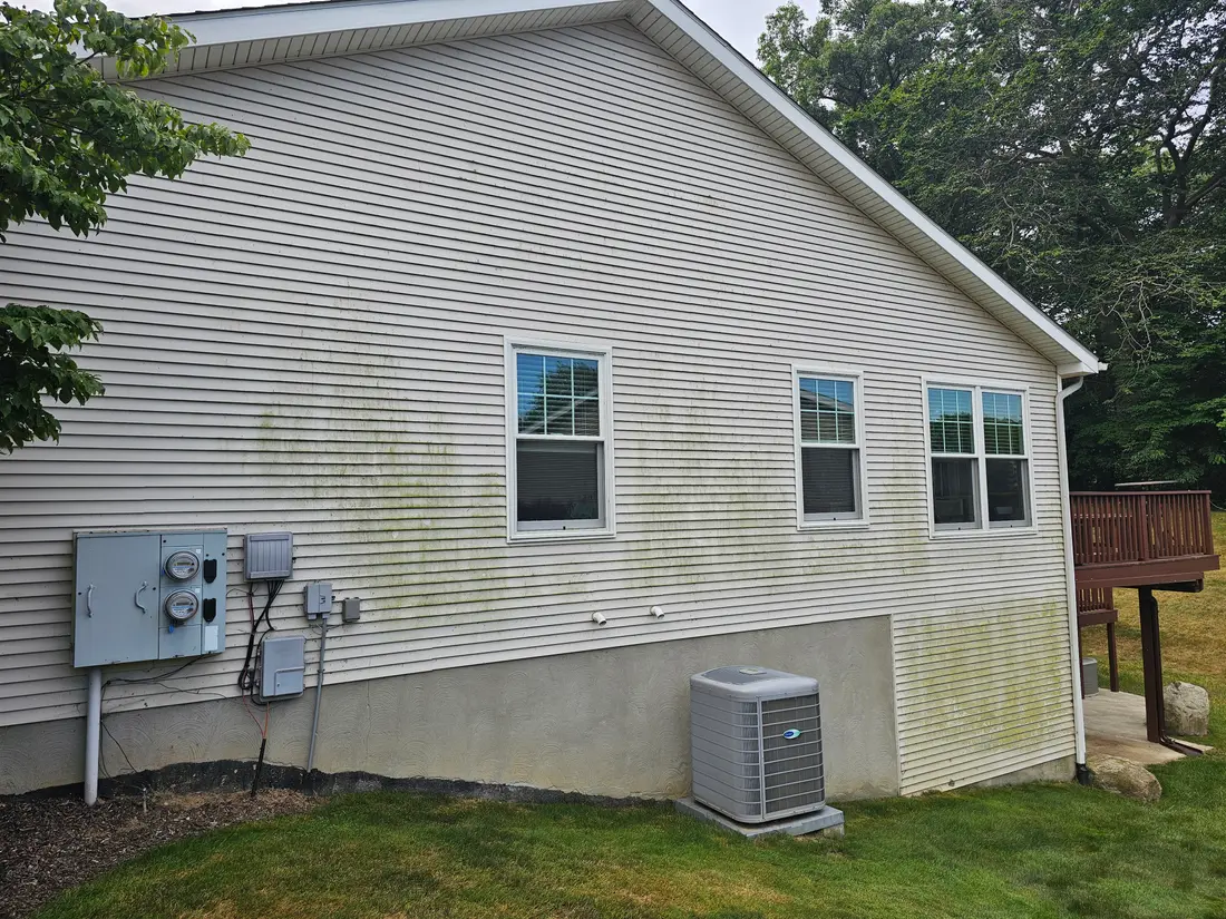 Before: Algae-stained side wall of a house before and after soft washing